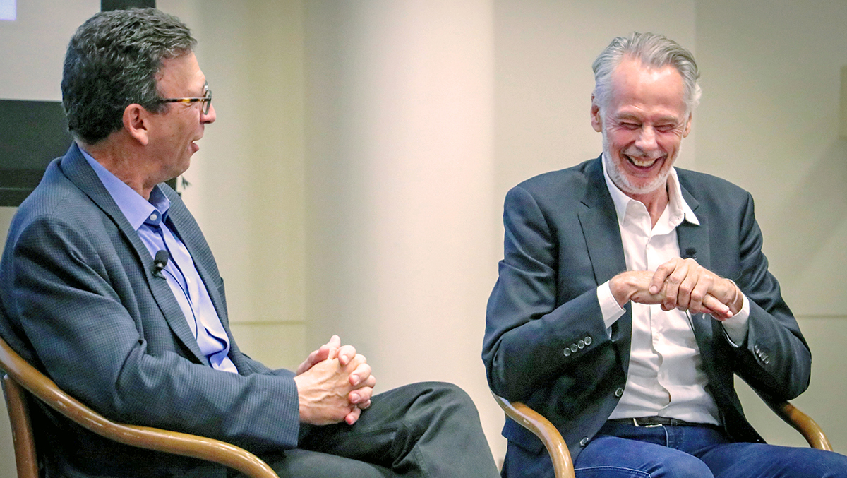 Frank Sesno and Lindblad Expeditions CEO Sven Lindblad share a laugh at the lunch talk on April 5. Thanks to Lindblad for helping us take students to Alaska for the fourth annual Planet Forward Storyfest Award.