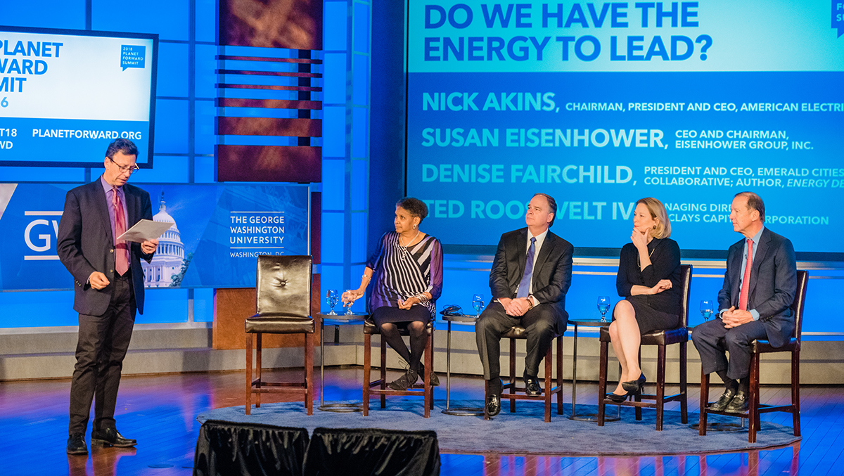 The Planet Forward Town Hall: Do We Have the Energy to Lead, was presented in partnership with C2ES. Speakers included, from left, Denise Fairchild, Nick Akins, Susan Eisenhower, and Ted Roosevelt IV.