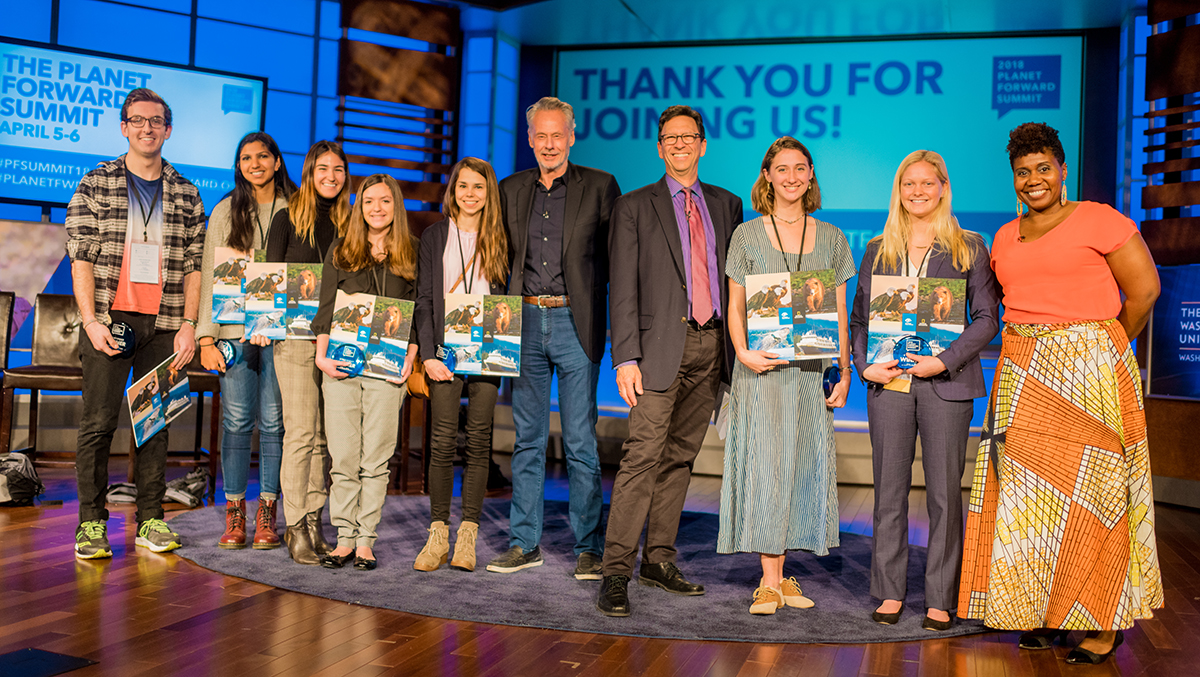The Storyfest winners, plus Frank Sesno, Sven Lindblad and Dr. Imani Cheers, lined the stage after the awards presentation.