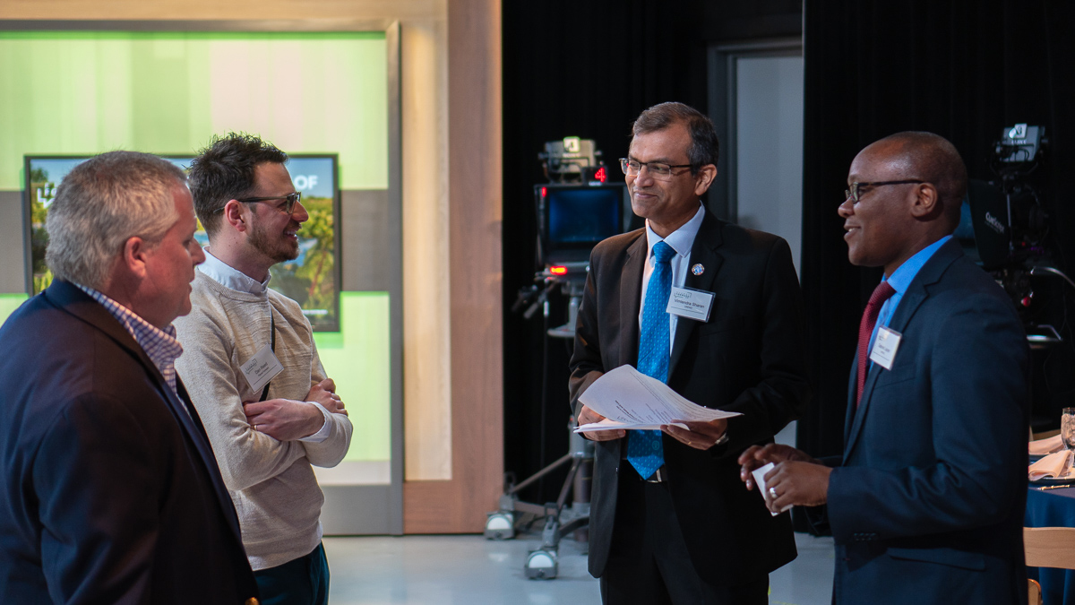 From left: Chip Bowling, Chairman of the U.S. Farmers and Ranchers Alliance, meets with Planet Forward Director Dan Reed, Vimlendra Sharan, Director of the FAO of the United Nations Liaison Office in D.C., and Gabriel Lazier, Strategic Partnerships and Outreach Coordinator in the D.C. FAO office.