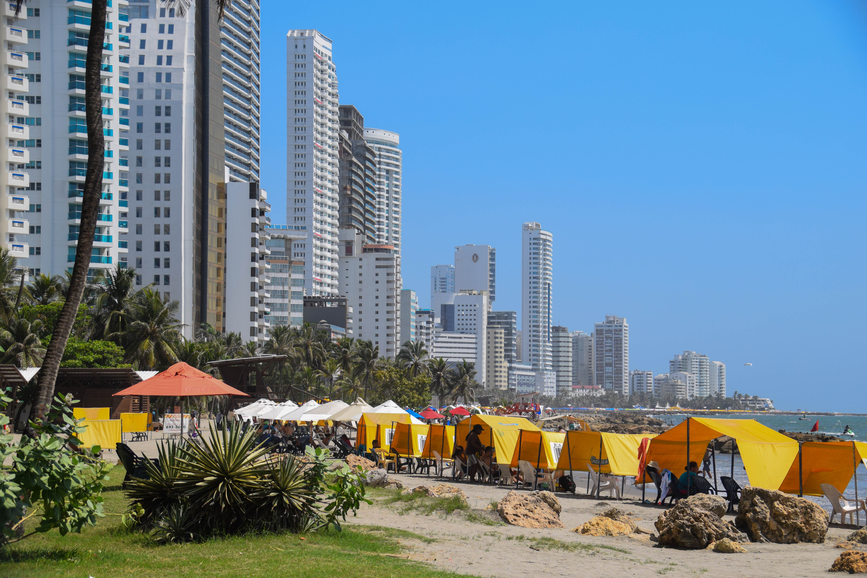 With such a deep history and gorgeous scenery, it is no wonder that Cartagena is also a popular tourist destination. The city attracts relaxation seeking foreigners to its many beautiful beaches and luxury high rises in the coastal, recreational region named Boca Grande. Here the beaches are full of vendors, aquatic adventure, plenty of some, and a fair amount of trash.
