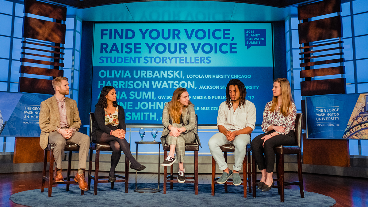 The panel of student storytellers shared stories about finding their voice. From left: Zack Smith, SUNY-ESF &#039;17; Alaine Johnson, Yale-NUS student; Anna Sumi, GWU ’17; Harrison Watson, Jackson State University; and Olivia Urbanski, Loyola University Chicago.