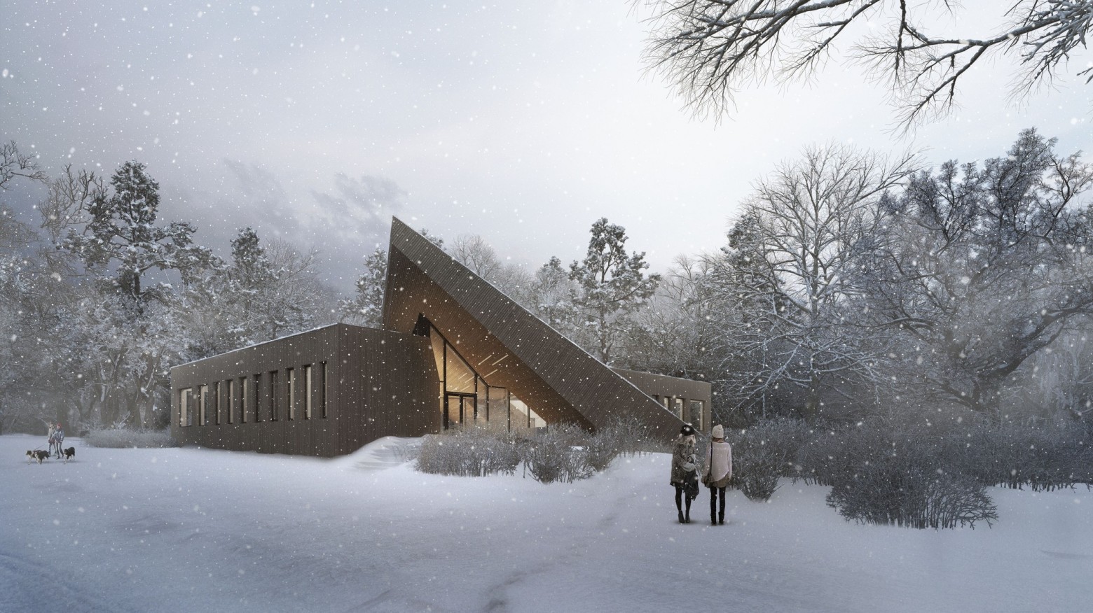 The steep angled overhang shelters and defines the entrance and provides the building with a distinct look. (Powerhouse)