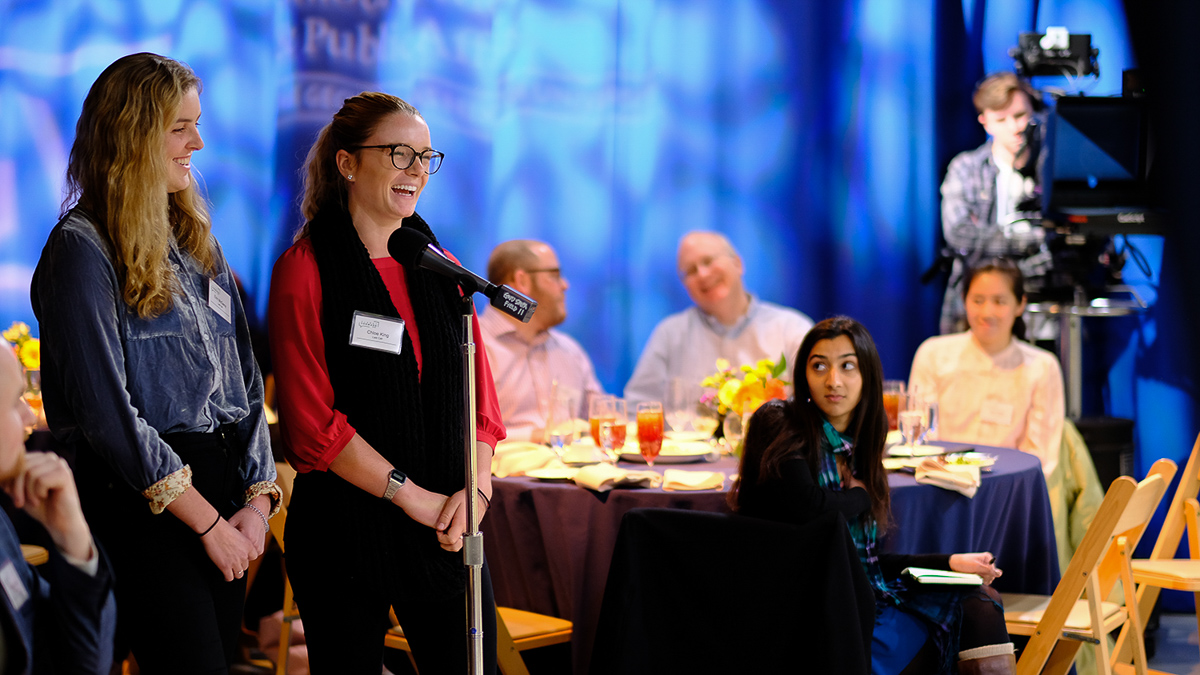 Last Call co-founders, GW alumna Erin McGeoy and GW senior Chloe King, laugh at a comment from the panel.