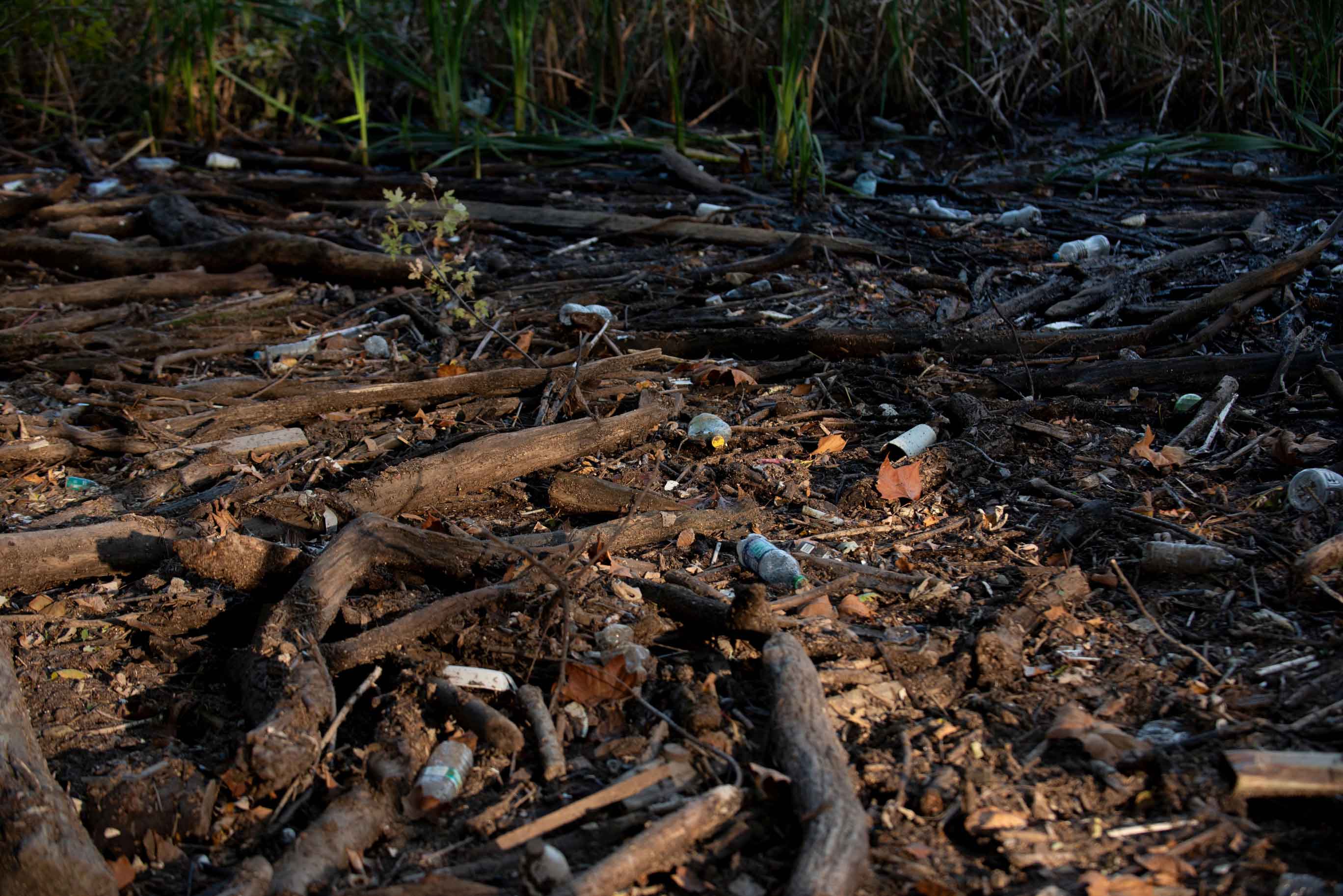 Empty plastic bottles lay near the Potomac River in Alexandria, VA on November 5, 2019.