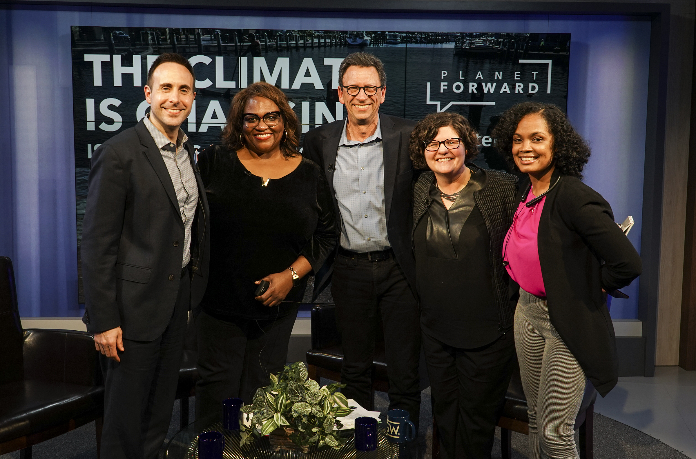 Jeff Berardelli, Eugenia Harvey, Frank Sesno and Jen Christensen are joined by Marlene Peralta, senior manager of broadcast media relations for Climate Nexus.