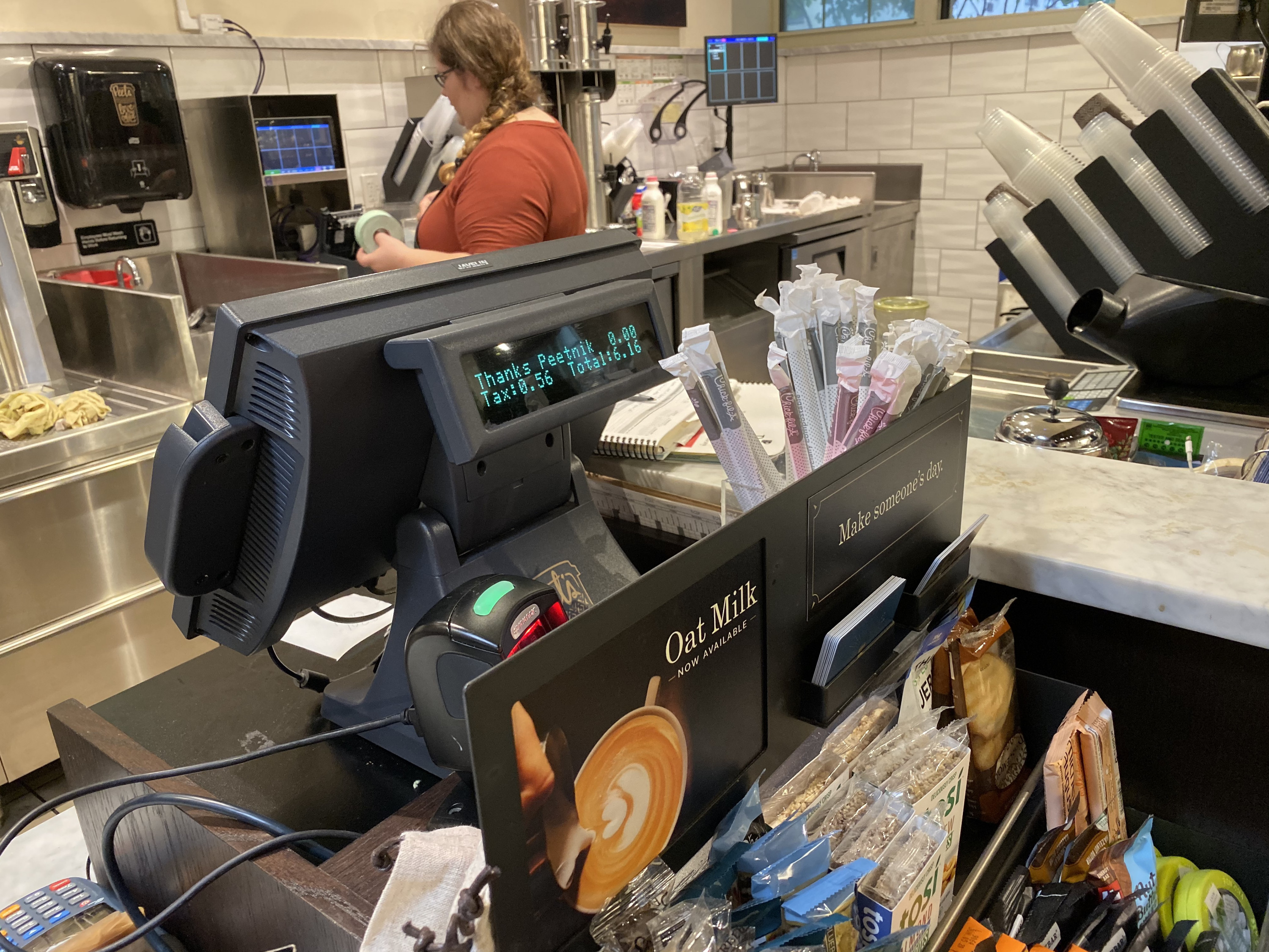 You can only get one paper straw per drink from the barista at Peet’s Coffee. (Aaron Gong/GWU)