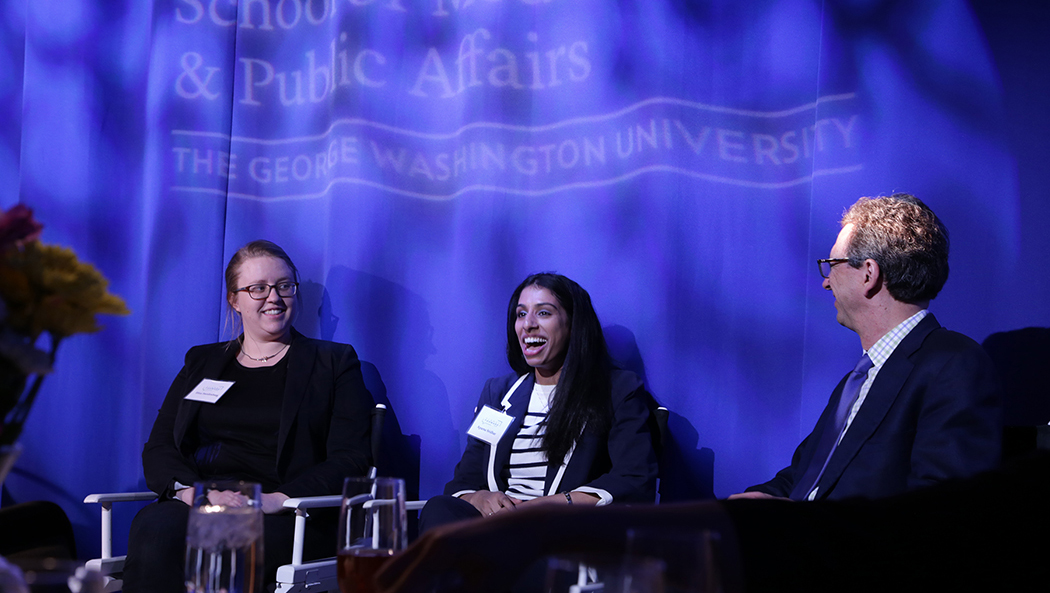 Eliza Swedenborg (left) and Aparna Sridhar (center) talk to Frank Sesno (right) about their role in solving the water crisis. (Photos by Anna Sumi/Planet Forward)