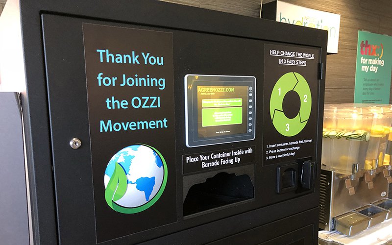 This machine collects reusable food containers and cups after students are done using them, in one of Northern Arizona University’s dining halls. Students pay a one time fee to access the eco-friendly food boxes.
