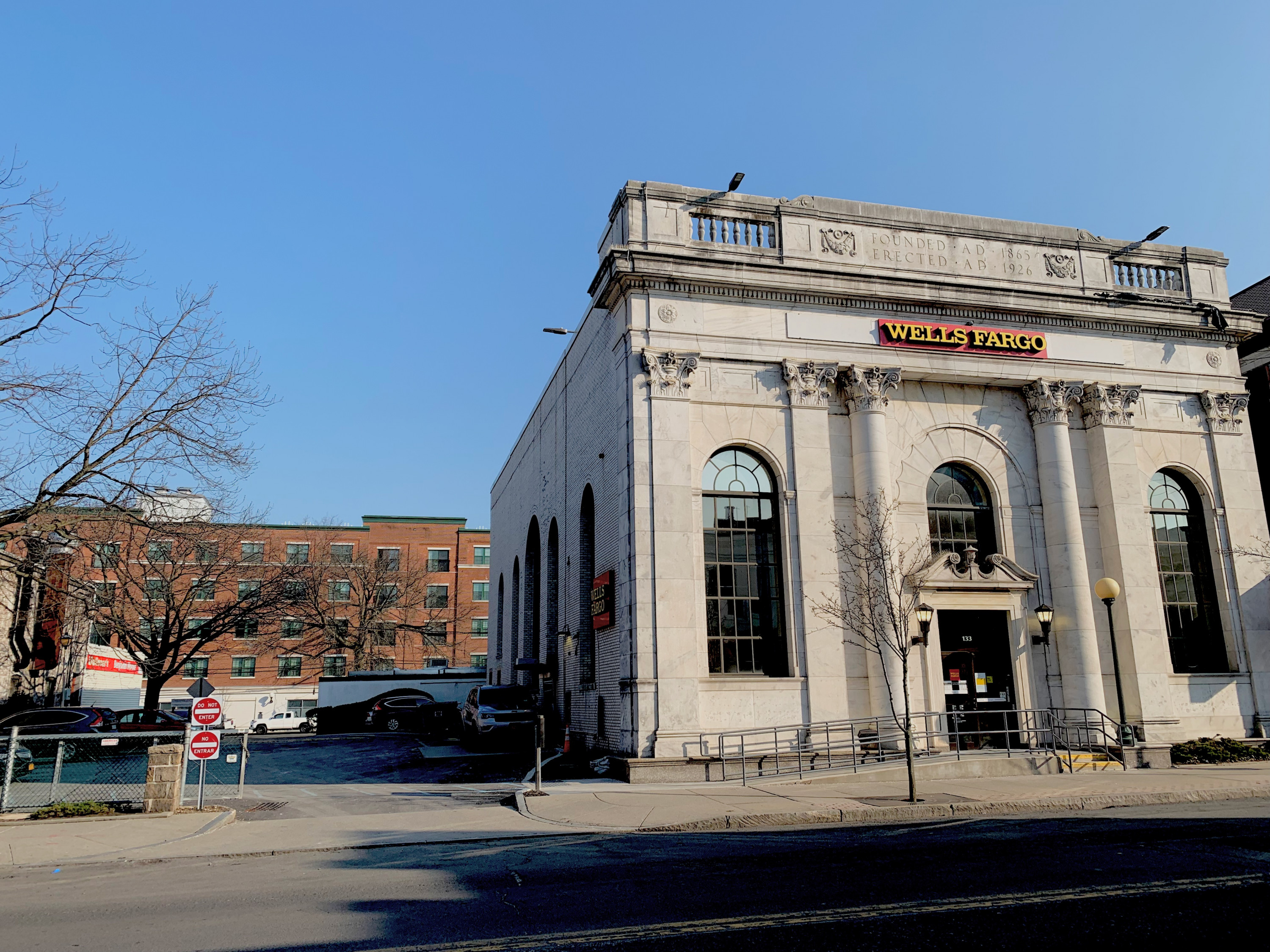 A historical building which houses a Wells Fargo branch. In the background an apartment super-block complex which inspired further development in Port Chester. A testament to the direction the village is heading, this historic building is another one being eyed by developers for a apartment superstructure.