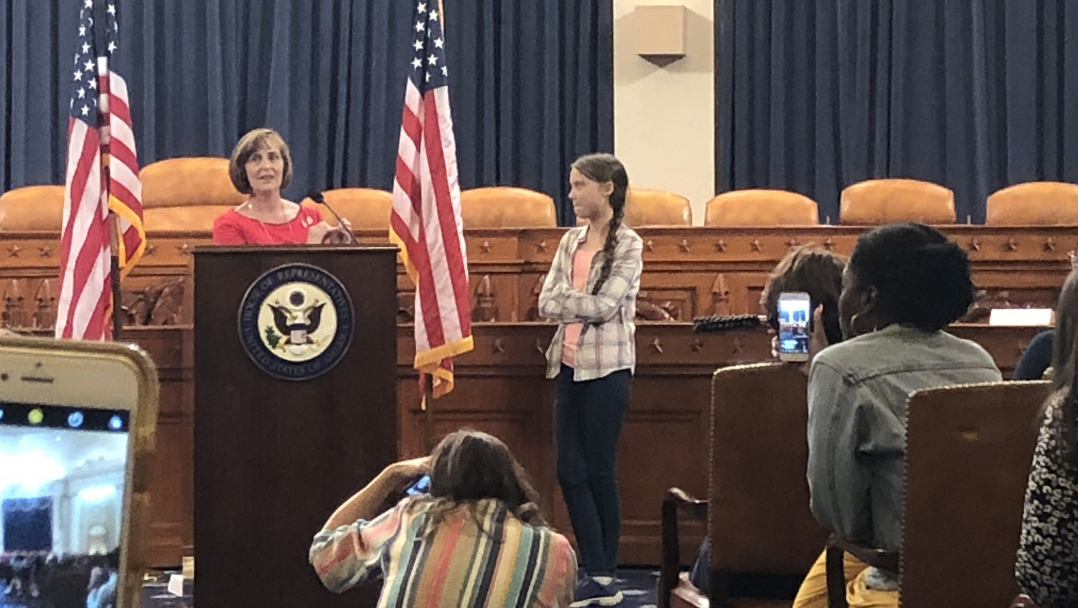 Greta Thunberg is introduced by Florida Rep. Kathy Castor, chair of the Select Committee on the Climate Crisis, to speak at the Youth Activist Climate Hearing. (Photos by Jackson Becce/George Washington University)