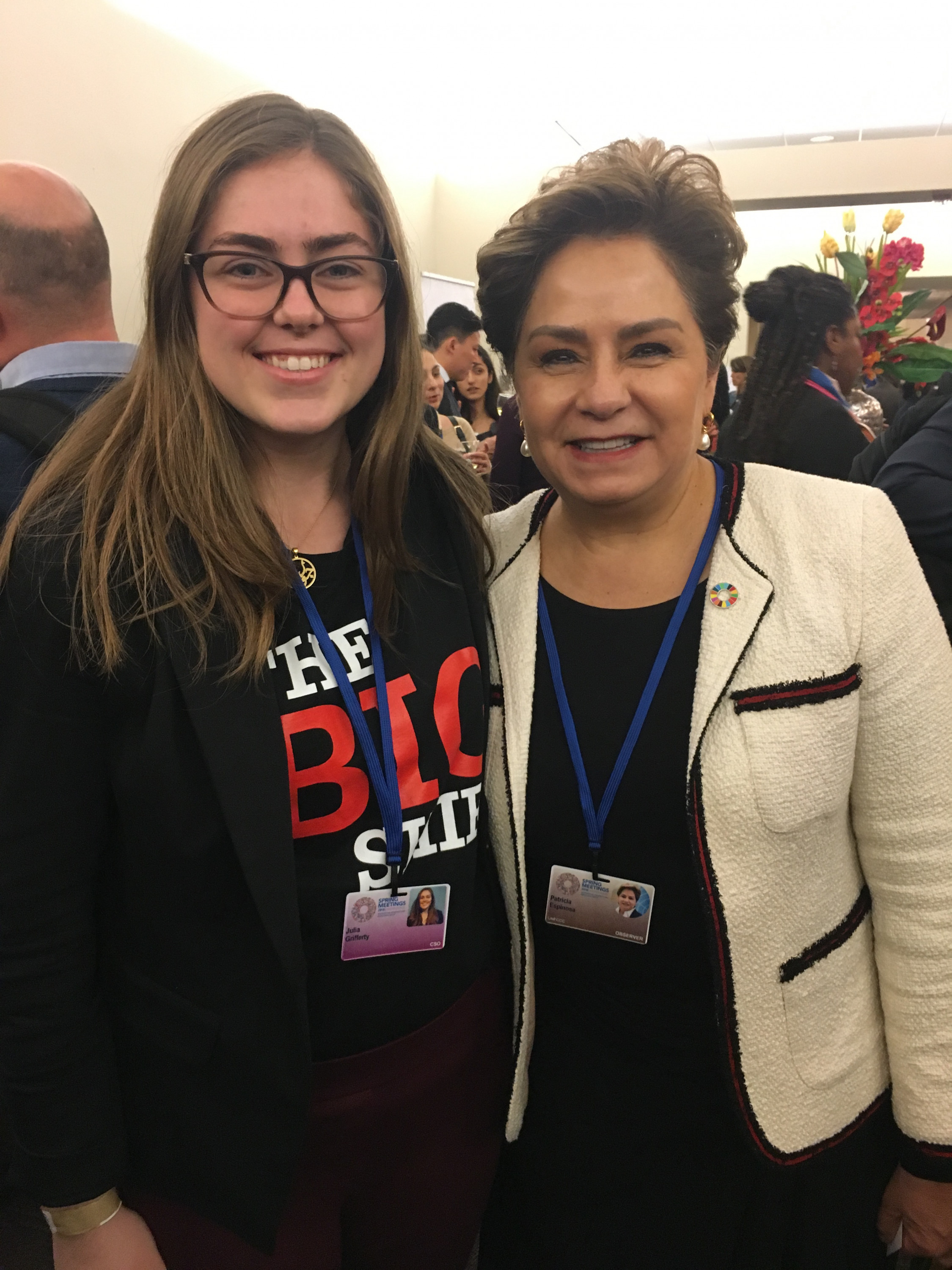 Julia Grifferty, SustainUS delegate and George Washington University student, left, and Patricia Espinosa, the Executive Secretary of the UNFCCC, attended the 2018 spring meetings in Washington, D.C. (Brian McDermott/American University)
