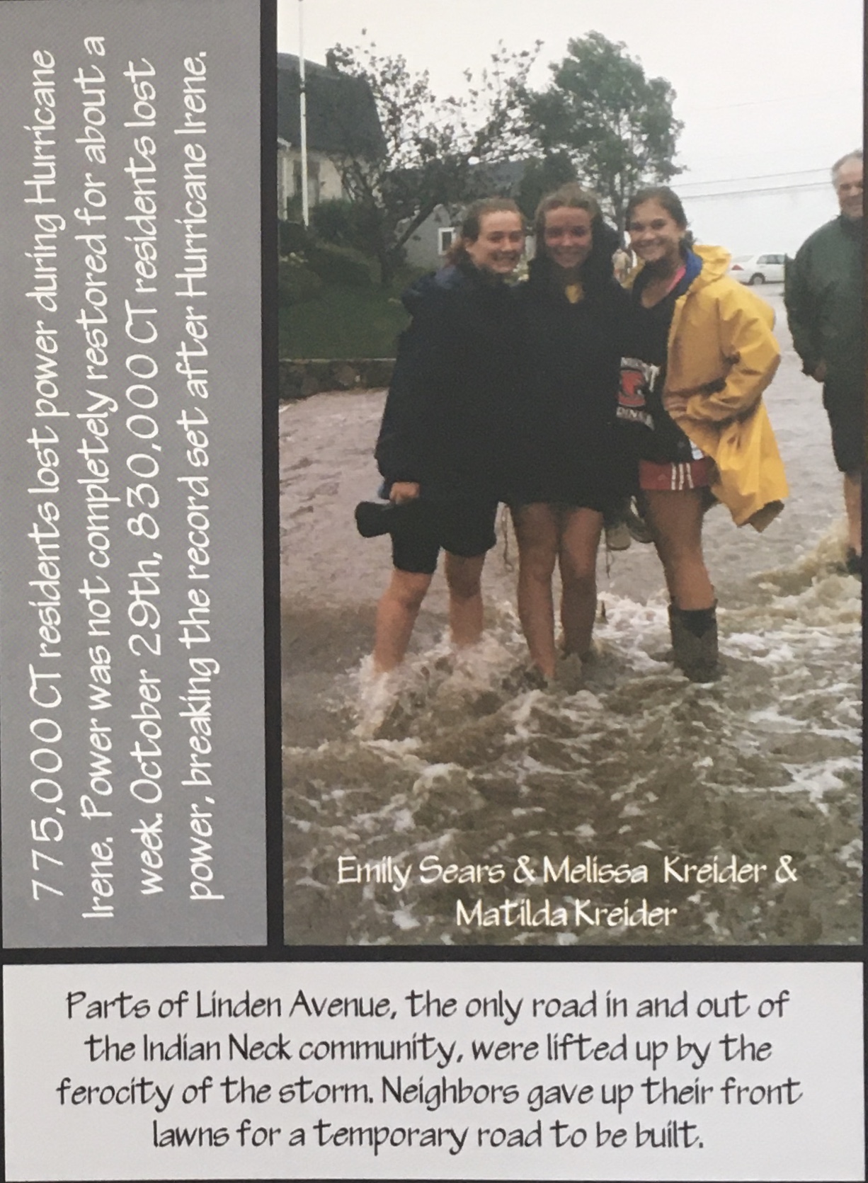 A close-up of the picture of me, my sister, and a friend in the 2012 yearbook, taken after the storms.