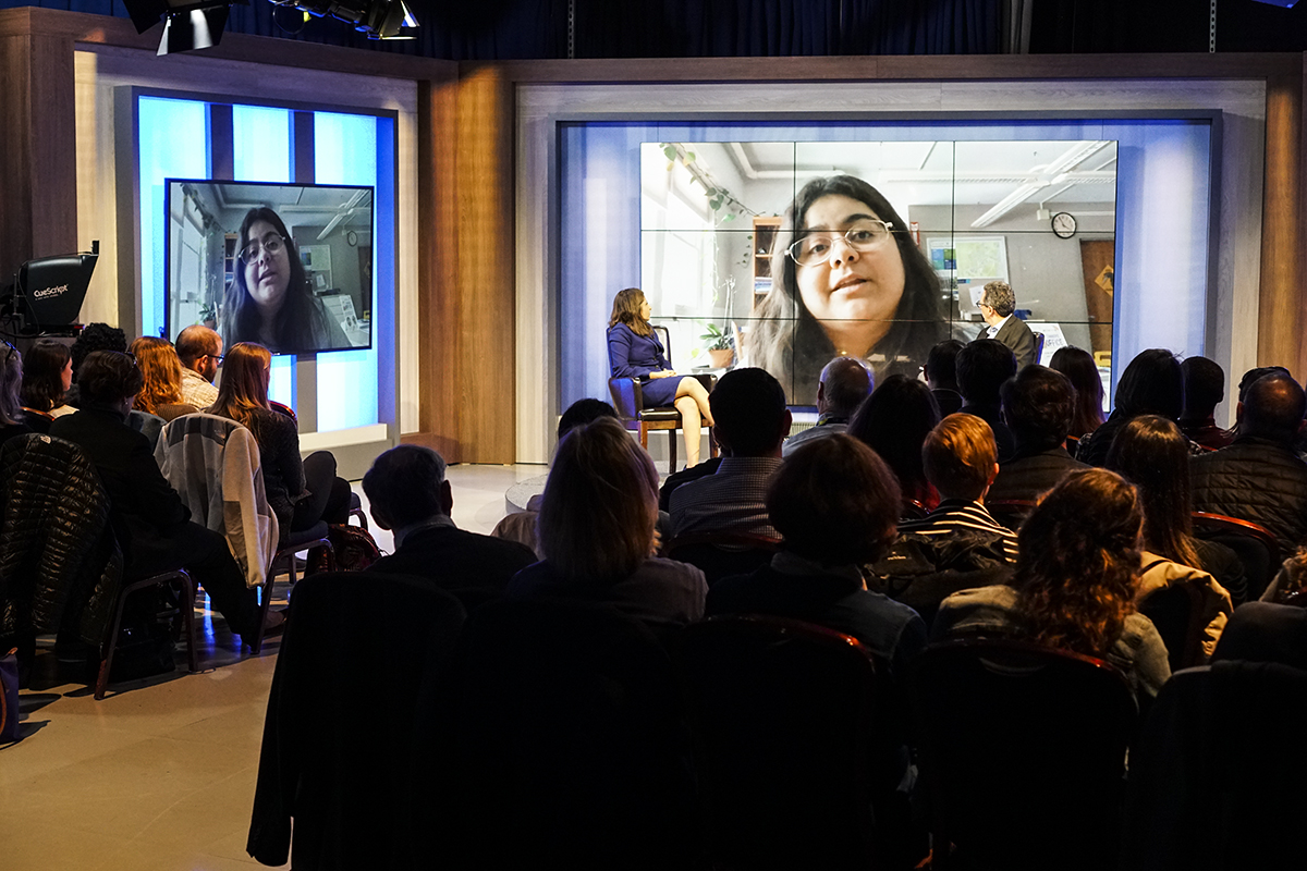 Middlebury College student and Planet Forward Correspondent Valerie Gutierrez asked about marginalized communities and climate. (Kim Ossi/Planet Forward)
