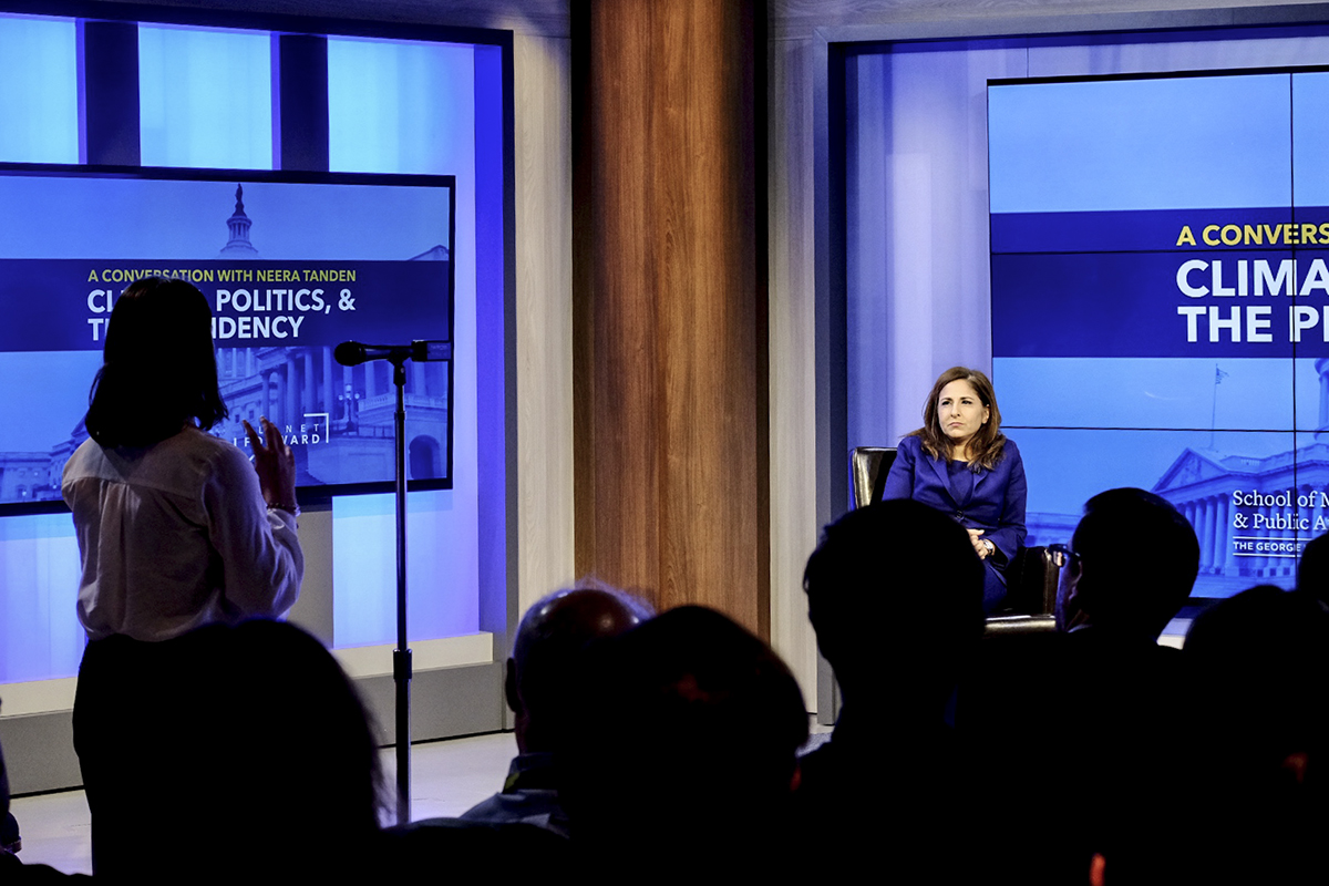 Amy Patronella, a junior political communication major at GW, asks about how we balance pursing criminal charges for fossil fuel companies for disinformation campaigns, while also trying to paint climate change as an opportunity to better our future. (Dan Reed/Planet Forward)