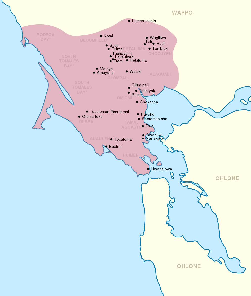 A basic map of the Point Reyes area showing the locations of historic Coast Miwok settlements.