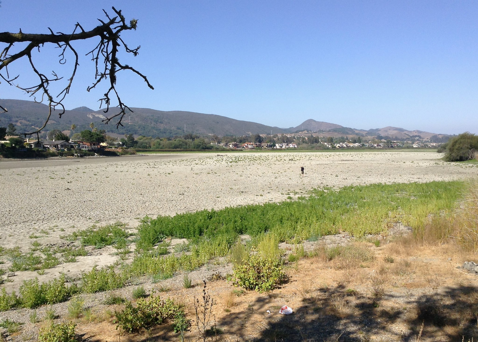 The dry lakebed of Laguna Lake in California. Houses and low mountains lie in the distance beyond the waterless expanse.