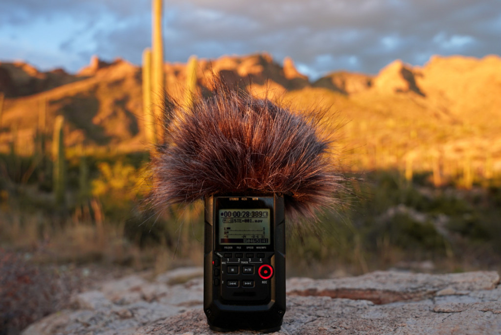 A sound recorder sits on a rock with the setting sun casting an orange glow on an Arizona mountain in the distance.
