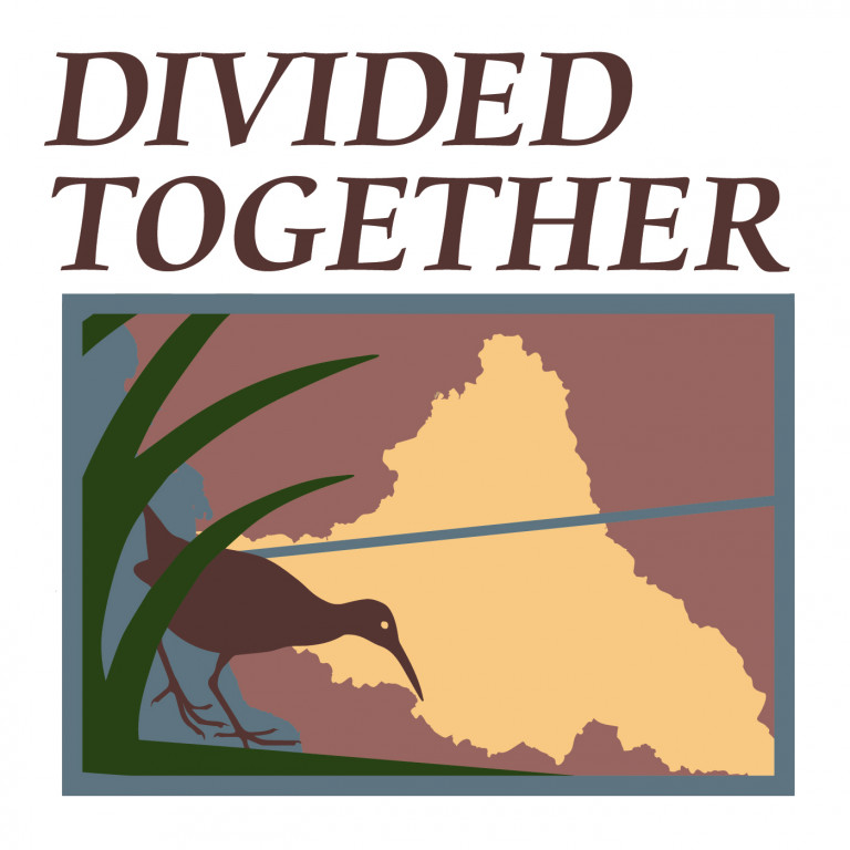 The logo for the "Divided Together Podcast," featuring a water bird and a basic map of the coastline near the Tijuana River National Estuarine Research Reserve. 