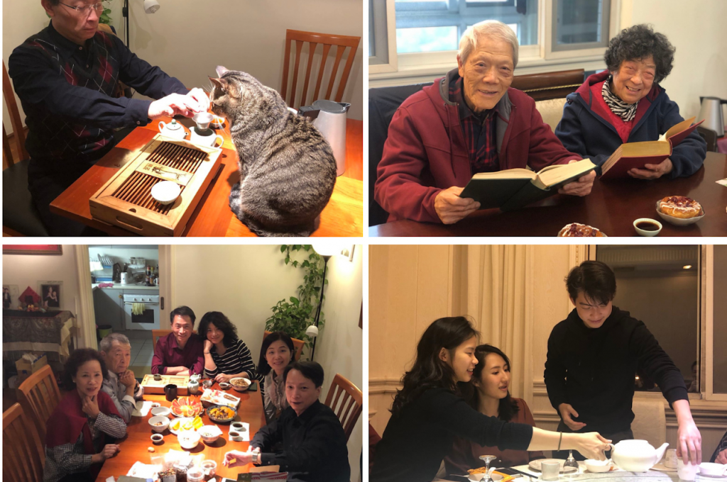A collage of images showing the author's family enjoying Pu-er tea at family gatherings and as a daily ritual.