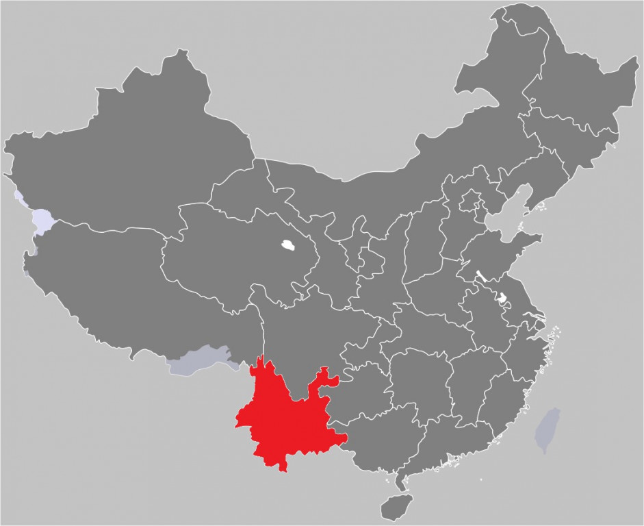 A map of China's provinces, highlighting Yunnan province in red at the South East corner of China.