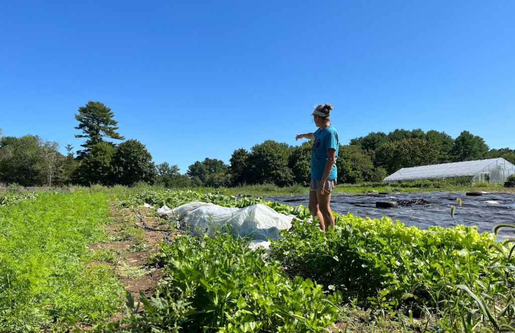 A woman stands in a green field pointing toward an irrigation system. Stresses from dealing with a drought can affect mental health. 