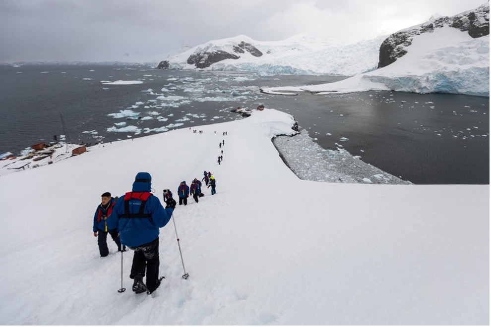 A line of people with ski poles walk down an Antarctic ice shelf
